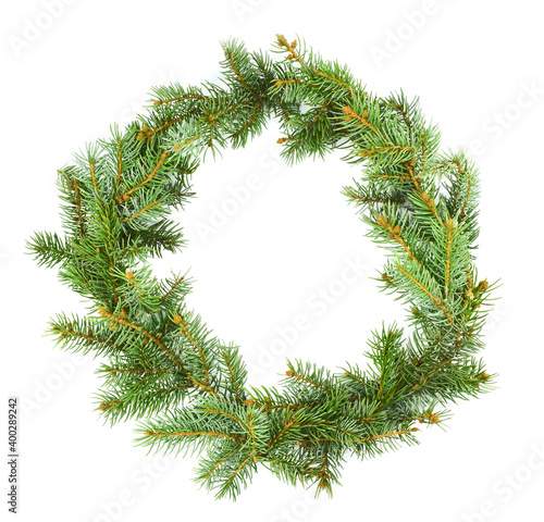 Wreath of fir branches isolated on white background. Christmas concept. New Year's Holidays.