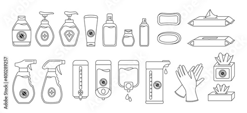 Coronavirus disinfection sanitizer bottles black outline set. Infographic shape collection. Hygiene cartoon medical washing gel spray, liquid soap napkin, rubber glove. Isolated vector illustration