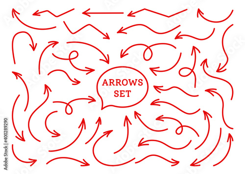 Arrows bright red infographic line set. Comics different directions pointer collection. Various curved, arched artistic uneven arrow shapes cursor. Vector signpost design elements