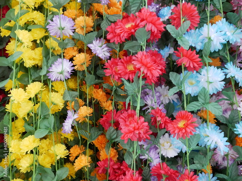 colorful of multicolored artificial flowers background.