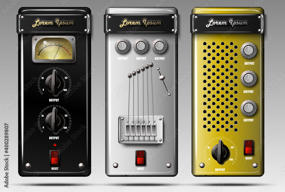 Realistic virtual equalizers and compressors. Vector. Realistic virtual equalizers and compressors. Vector.