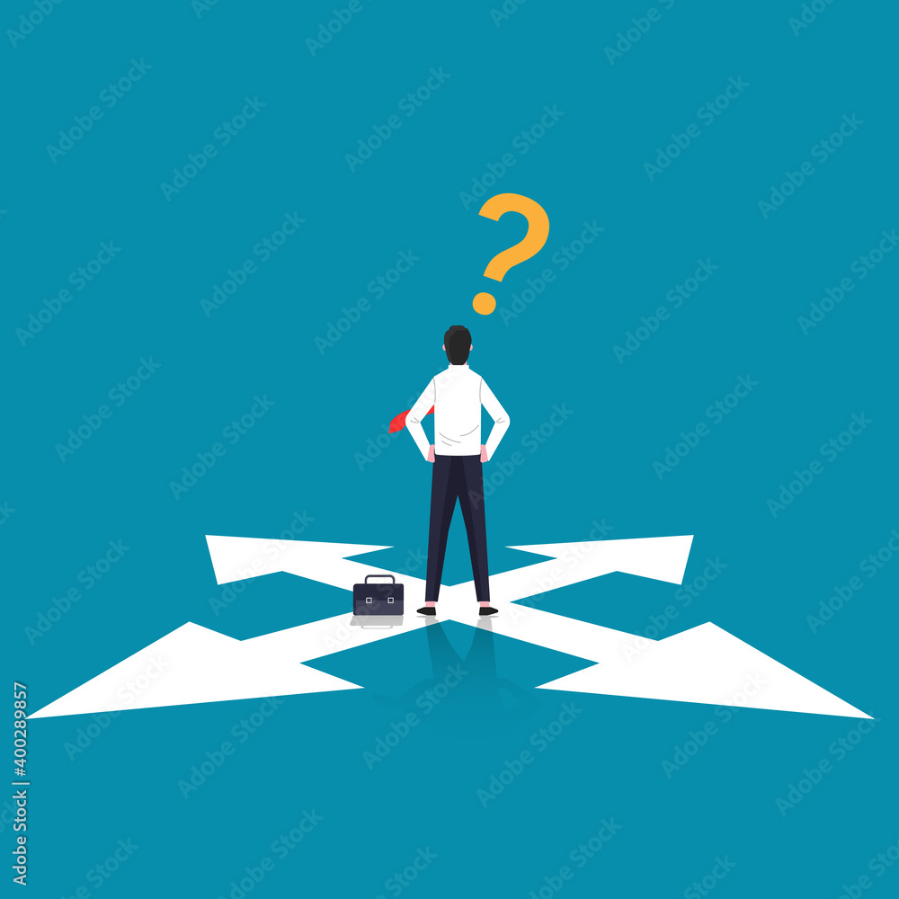 Obraz premium Confused businessman standing at cross road symbol. Business choice vector illustration.
