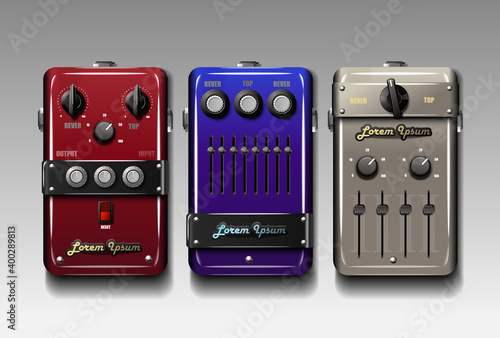 Realistic guitar effects pedals. Vector.