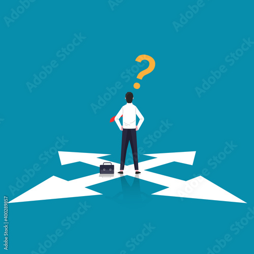 Confused businessman standing at cross road symbol. Business choice vector illustration.
