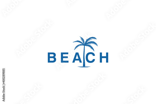 Beach logo palm tree icon, nature landscape environment scene, jungle resort symbol design.