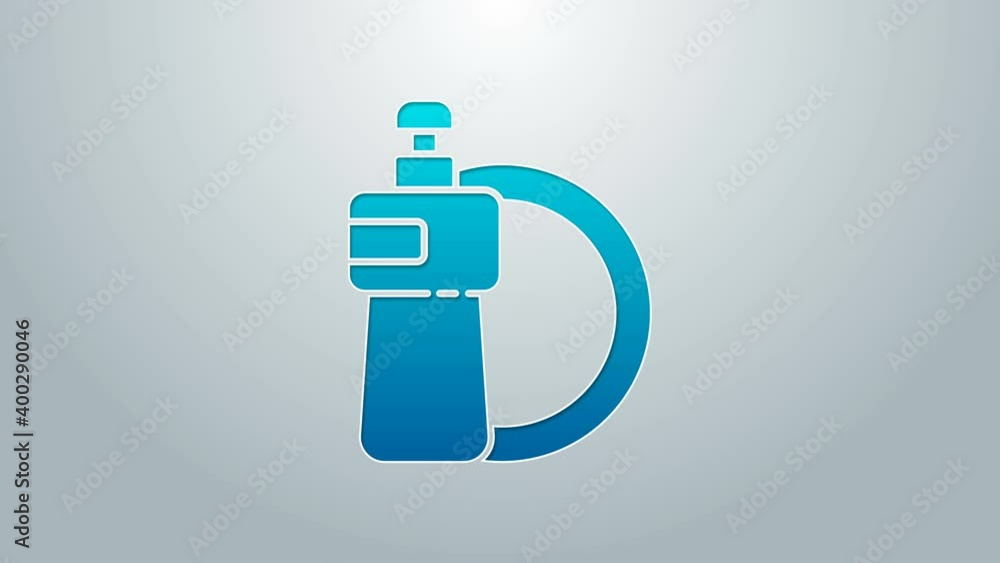 Blue line Dishwashing liquid bottle and plate icon isolated on grey background. Liquid detergent for washing dishes. 4K Video motion graphic animation Blue line Dishwashing liquid bottle and plate icon isolated on grey background. Liquid detergent for washing dishes. 4K Video motion graphic animation