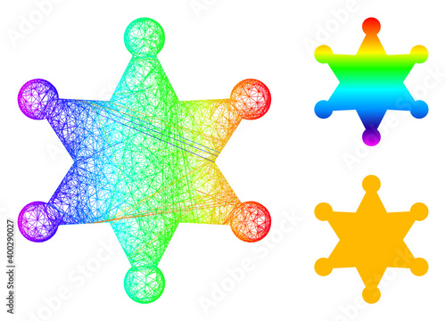 Rainbow vibrant crossing mesh sheriff star, and solid rainbow gradient sheriff star icon. Hatched frame flat net geometric image based on sheriff star icon, created with crossing lines.