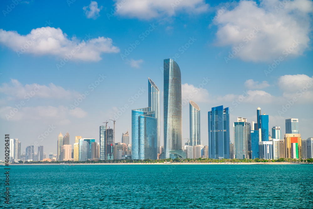ABU DHABI, UAE - DECEMBER 8, 2016: Abu Dhabi tall skyscrapers panoramic view ABU DHABI, UAE - DECEMBER 8, 2016: Abu Dhabi tall skyscrapers panoramic view
