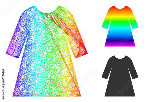 Spectral colored crossing mesh woman dress, and solid spectral gradient woman dress icon. Hatched carcass 2D network geometric symbol based on woman dress icon, is generated from crossing lines.