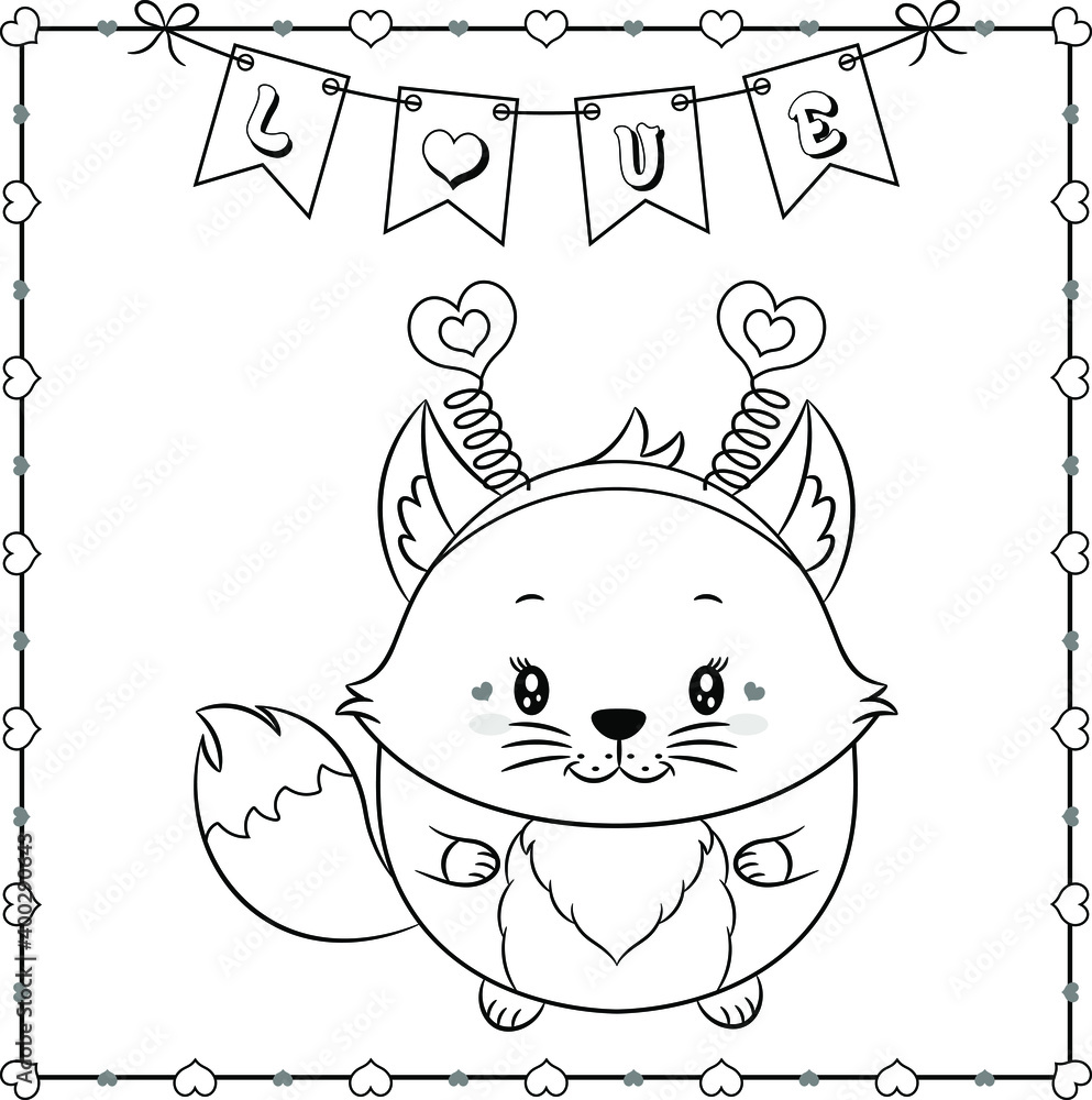 Fototapeta premium happy valentines day cute fox drawing sketch for coloring