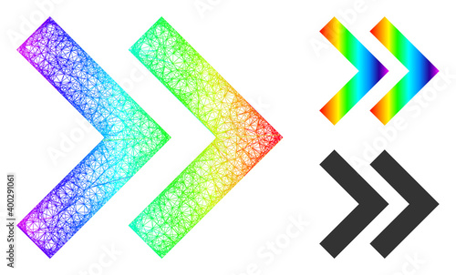 Spectrum colorful wire frame shift right, and solid spectral gradient shift right icon. Wire frame 2D net abstract symbol based on shift right icon, is created from crossing lines.