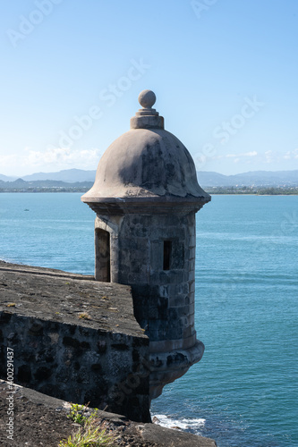 Close up of lookout tower at Castillo San Cristobal Fort in San Juan, Puerto Rico.
It was built by Spain in 1783 to protect against land based attacks on the city of San Juan. 