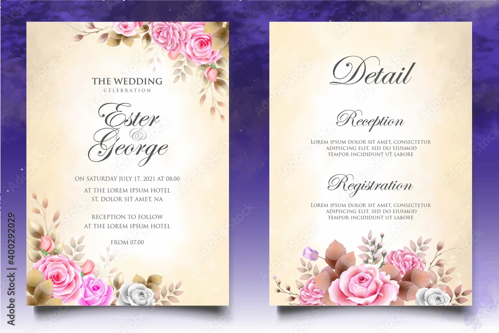 Hand drawing wedding invitation floral and leaves card template