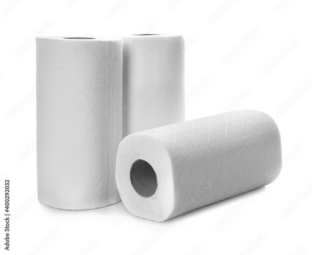 Fototapeta premium Rolls of paper tissues on white background