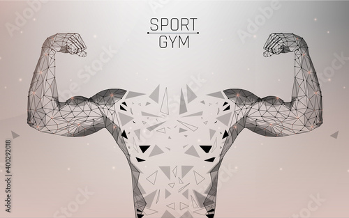 Human power low poly wireframe banner template. Polygonal physical strength, strong bodybuilder, athlete body mesh art illustration. 3D male hand muscles, flexed biceps with connected dots ,wireframe