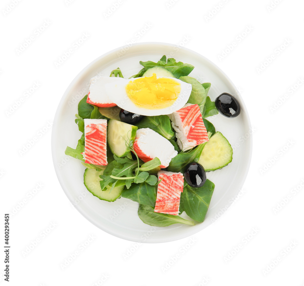 Delicious crab stick salad isolated on white, top view Delicious crab stick salad isolated on white, top view