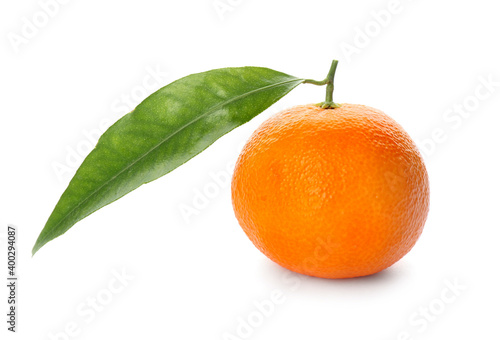 Whole fresh tangerine with green leaf isolated on white