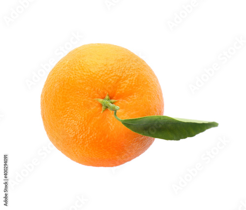 Whole fresh tangerine with green leaf isolated on white, top view