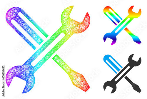 Spectrum colored network tuning, and solid spectral gradient tuning icon. Crossed frame flat network abstract image based on tuning icon, is generated with crossed lines.