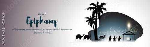 Vector illustration of Epiphany, christian festival, three wise men on camel, bright star, nativity of Jesus, bokeh background.