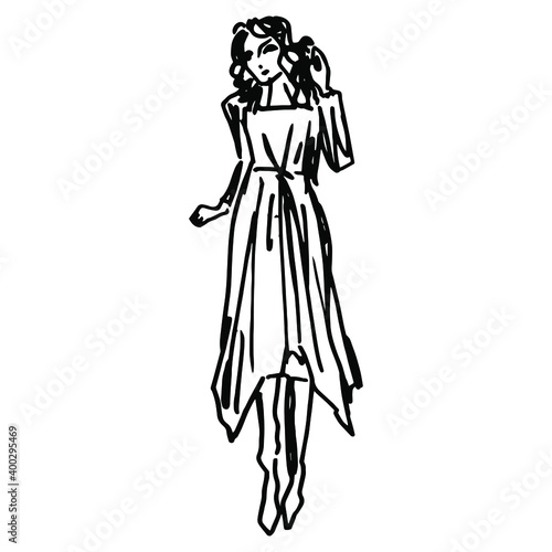 Standing pretty young woman in fancy dress and boots on high heels. Hand drawn doodle rough sketch. Black and white silhouette.