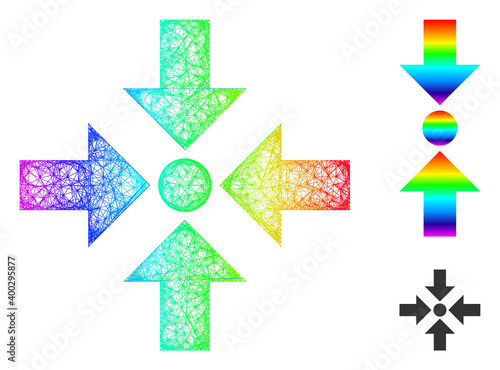Spectrum colored wire frame shrink arrows, and solid rainbow gradient shrink arrows icon. Crossed frame flat network abstract symbol based on shrink arrows icon, is made with crossed lines.