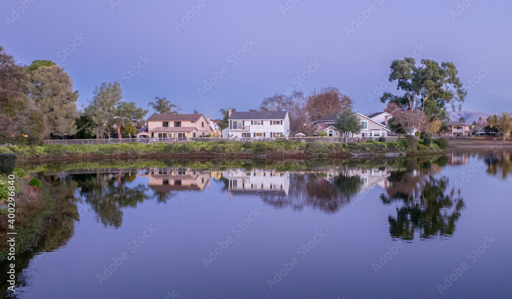 Suburban Landscape Reflected During Blue Hour
