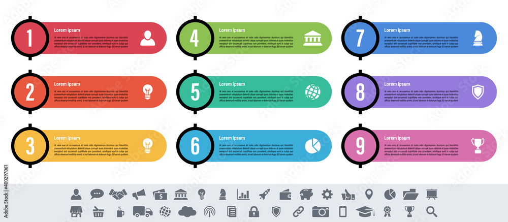 Infographic design business concept vector illustration with 9 steps or options or processes represent work flow or diagram or web button banner Infographic design business concept vector illustration with 9 steps or options or processes represent work flow or diagram or web button banner