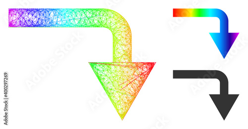 Rainbow vibrant net turn down, and solid rainbow gradient turn down icon. Linear carcass flat net geometric symbol based on turn down icon, generated from intersected lines.