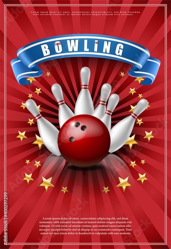 3d realistic vector  banner of bowling game with red ball and white skittles.