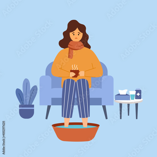 Woman with flu soaking feet in warm water in flat design. Young female  catch a cold or flu concept vector illustration on white background.	
