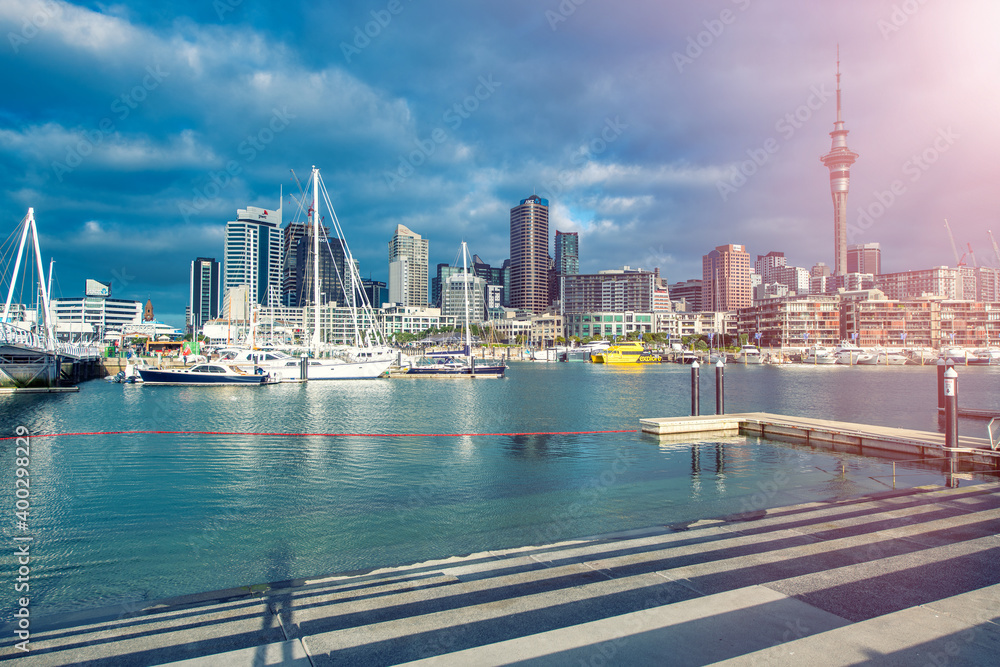 Fototapeta premium AUCKLAND, NZ - AUGUST 27, 2018: Auckland waterfront boats on a beautiful morning
