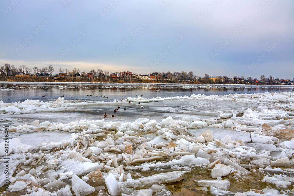 Ice drift on the Neva River in St. Petersburg near Rybatskoye