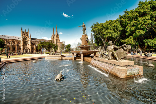 SYDNEY - AUGUST 19, 2018: Sydney Archibald Fountain and St Mary Cathedral on a beautiful sunny day