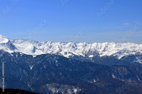 Winter landscape in the mountains with peaks and gorges  freestyle trails.