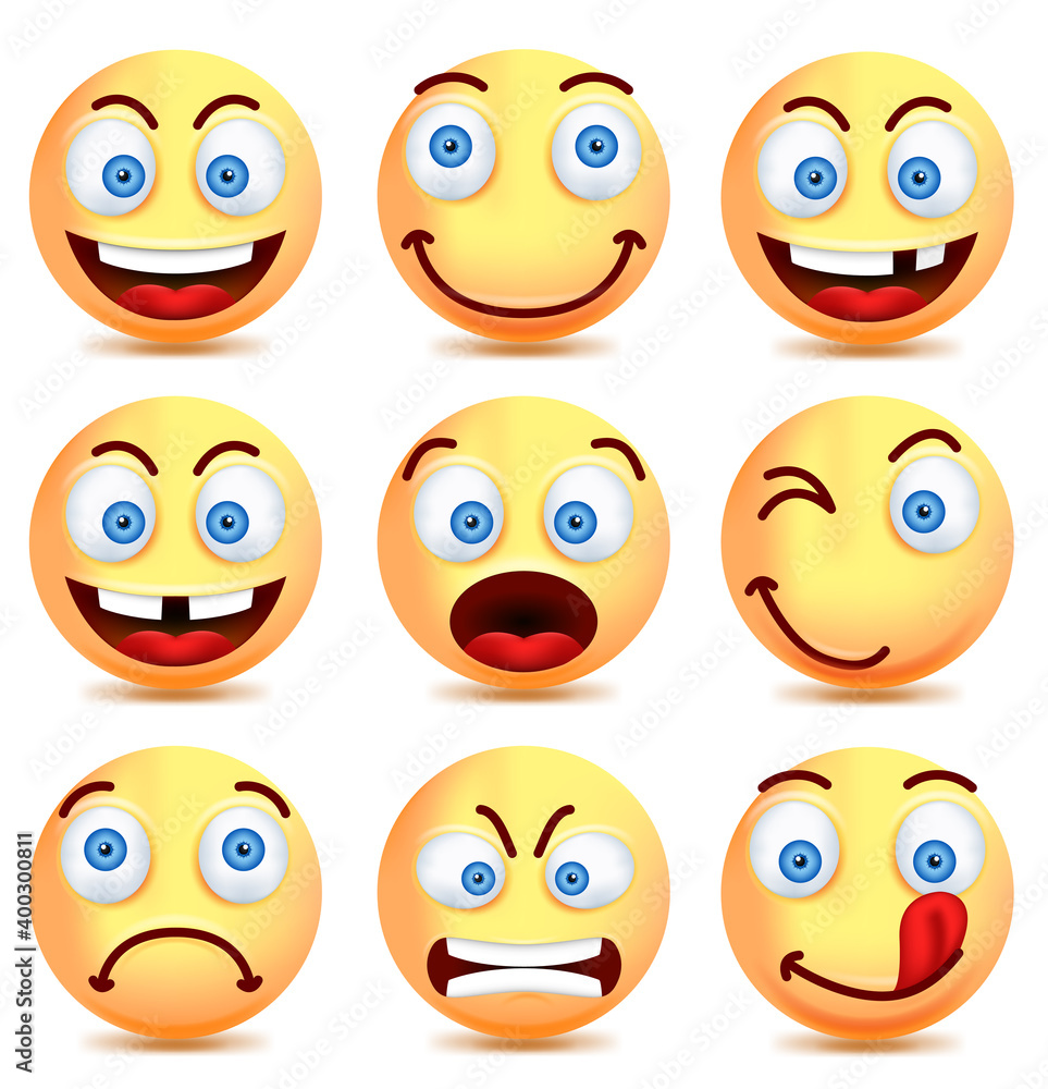 Smiley face icons or yellow emoticons with emotional funny faces in glossy 3D realistic isolated in white background. Vector illustration Smiley face icons or yellow emoticons with emotional funny faces in glossy 3D realistic isolated in white background. Vector illustration