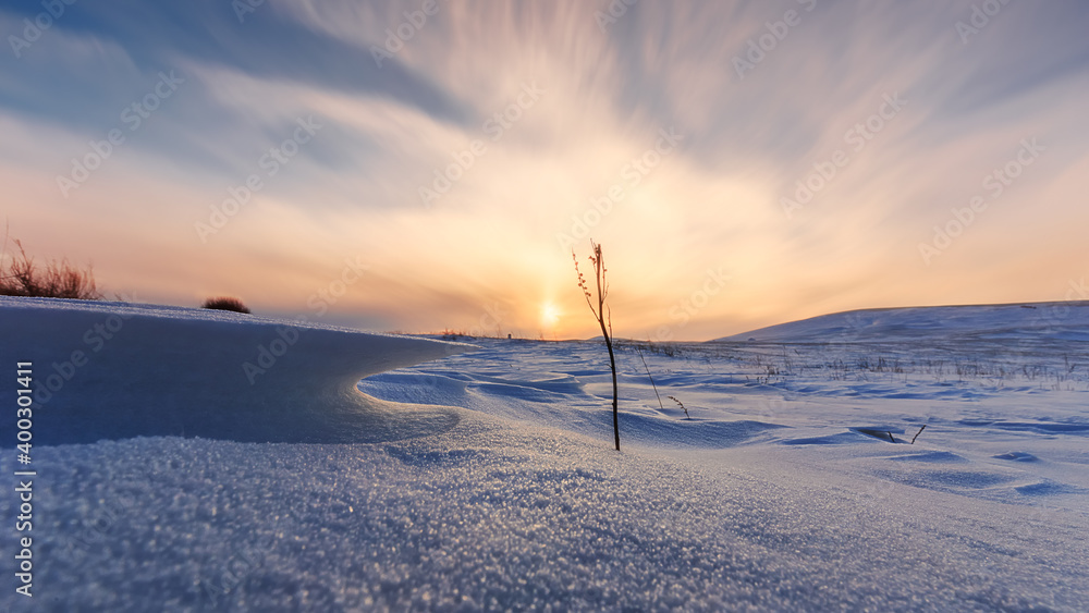 Sunset over the snow field on the Bashang of Inner Mongolia in winter Sunset over the snow field on the Bashang of Inner Mongolia in winter