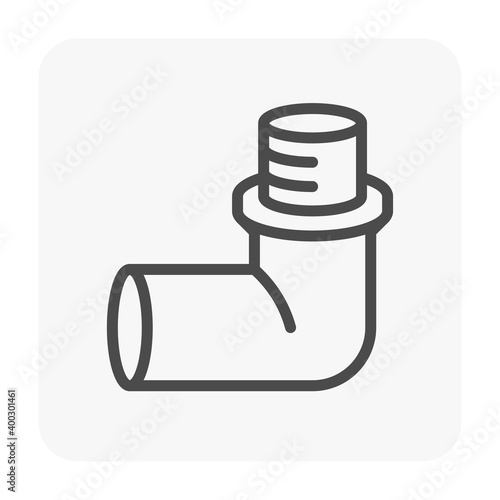 PVC plastic pipe fitting vector icon. 90 degree elbow adapter with slip socket opening 1 end and male NPT thread. Part for pipeline system, plumbing, sewage, drainage, waste, vent and water supply.