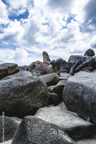Beautiful view of Grand Mother and Grand Father Rock with blue sky backgroung in Koh Samui Thailand. Granite Rock on beachside. © Kullathida