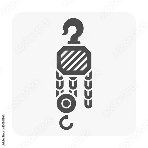 Manual chain hoist or steel chain block hoist vector icon. Lifting equipment include pulley, hook, lever, trolley, mechanical for factory, construction site, garage, workshop, warehouse and dock.