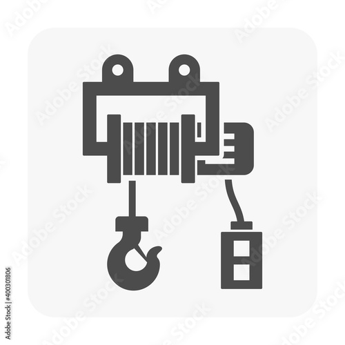 Electric hoist crane vector icon. And remote control, motor, steel rope or wire or cable, wheel. Lifting equipment for mounted on girder, bridge, gantry, overhead and jib crane in factory, warehouse.