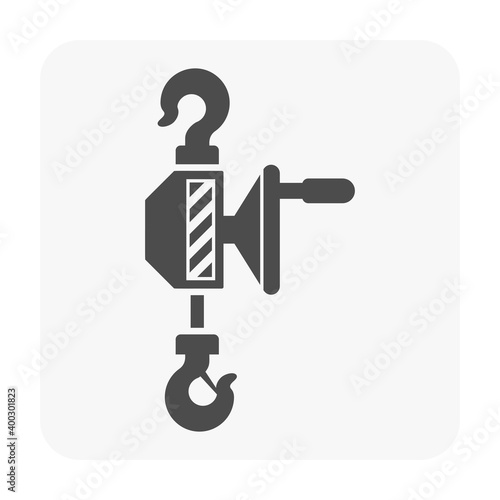 Manual chain hoist or steel chain block hoist vector icon. Lifting equipment include pulley, hook, lever, trolley, mechanical for factory, construction site, garage, workshop, warehouse and dock.