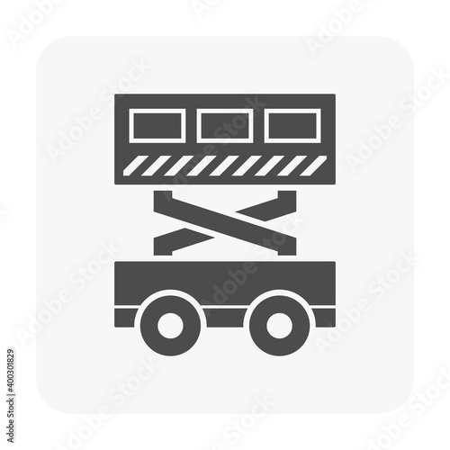 Scissor lift vector icon. Elevating work platform or elevator. Vertical move by scissor mechanism, hydraulic, bucket, folding support. For transport, maintenance, construction, service at height level