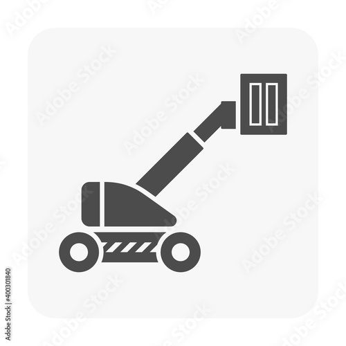 Straight or telescopic boom lift vector icon. Aerial work platform or elevator. Consist of boom, bucket operated by hydraulic. For transportation, maintenance, construction, service at height level.