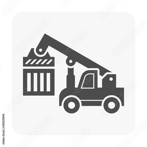 Reach stacker, cargo container vector icon. Lifting equipment for handling, move, transport, transfer, operation, delivery and loading cargo container to train or truck at yard, port, dock, terminal.