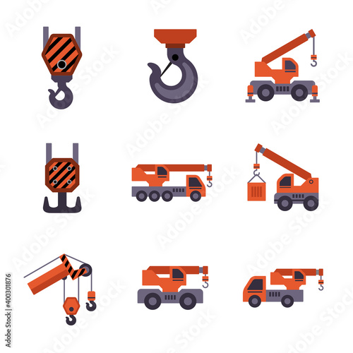 Mobile crane vector icon. Large industrial machine equipment or vehicle with hoist, hook, rope and hydraulic telescopic boom for service, erection and lifting heavy load in building construction site.