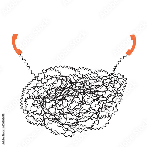 two phone connected by very tangled cord - communication problem concept