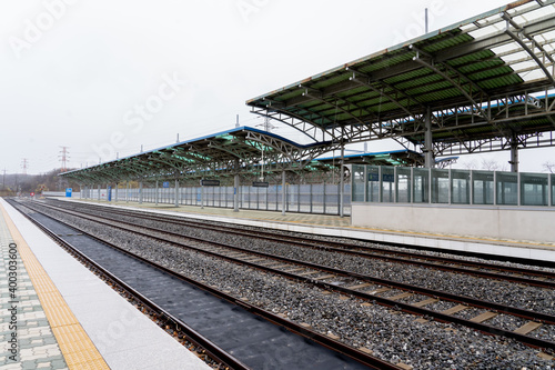 Paju, South Korean - April 10, 2019: Platform and railway tracks at Dorasan Station on the Gyeongui Line in Paju, South Korean, which used to connect North Korea and South Korea.