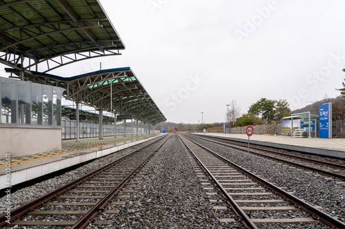 Paju, South Korean - April 10, 2019: Platform and railway tracks at Dorasan Station on the Gyeongui Line in Paju, South Korean, which used to connect North Korea and South Korea.