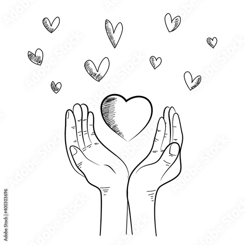 hand drawn of hands up. Concept of charity and donation. Give and share your love to people. hands gesture on doodle style.  vector illustration